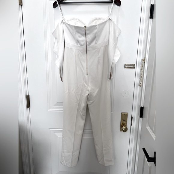 Off the shoulder ruffled satin jumpsuit by Self-Portrait. White. Size US 6/UK 10 - Picture 2 of 4